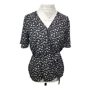 Sienna Sky Black Floral V Neck Elastic Waist Side Tie Short Sleeve Blouse Shirt
